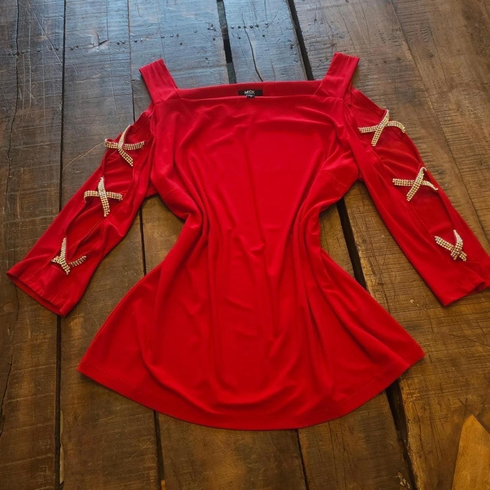 Cold Shoulder Y2K Vintage Red Blouse w/Rhinestone‎ Crossed Straps Shirt 2000s